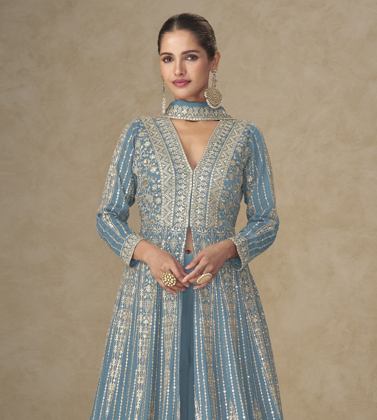 Blue Chinon Embroidered Designer Suit (Free Size Stitched)