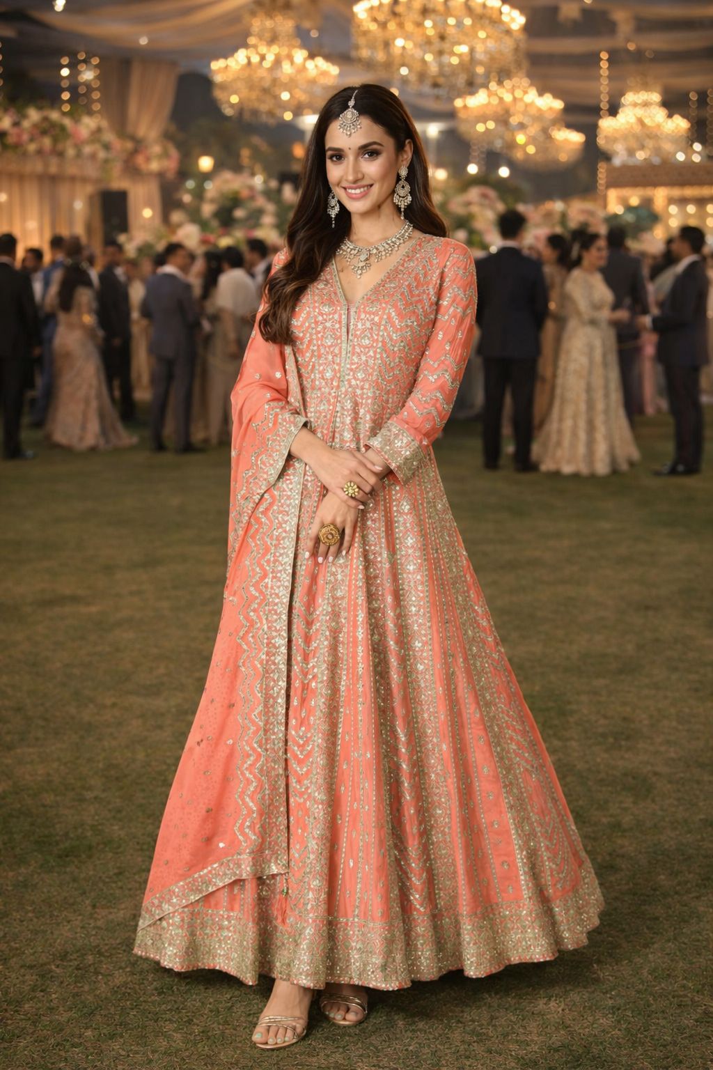 Peach Chinon Embroidered Anarkali Suit (Free Size Stitched)