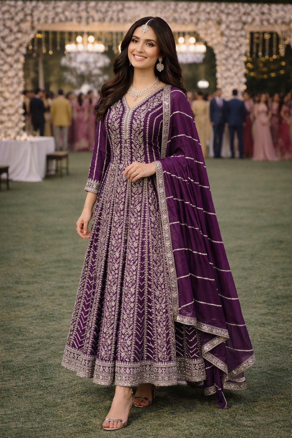 Purple Chinon Embroidered Anarkali Suit (Free Size Stitched)