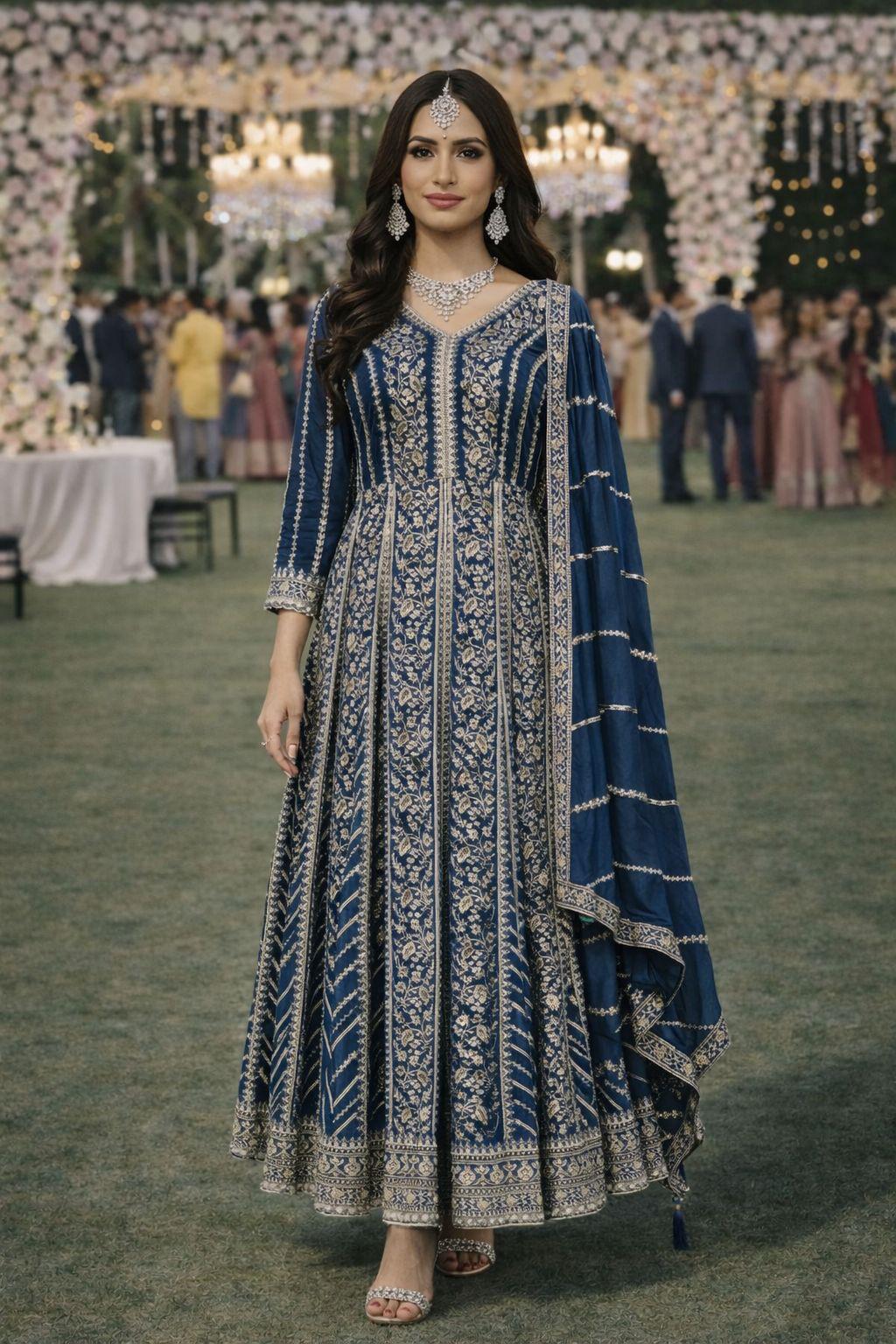Blue Chinon Embroidered Anarkali Suit (Free Size Stitched)