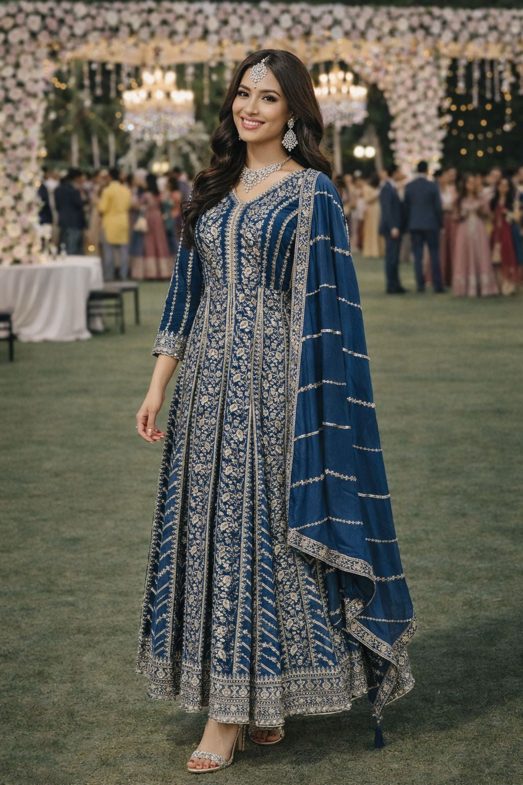 Blue Chinon Embroidered Anarkali Suit (Free Size Stitched)