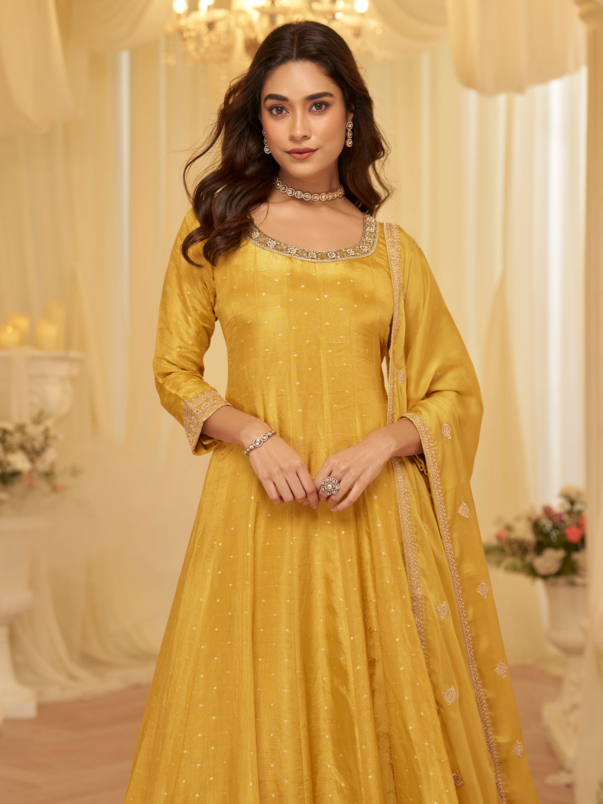 Yellow Viscose Jacquard Embroidered Anarkali Suit (Free Size Stitched)