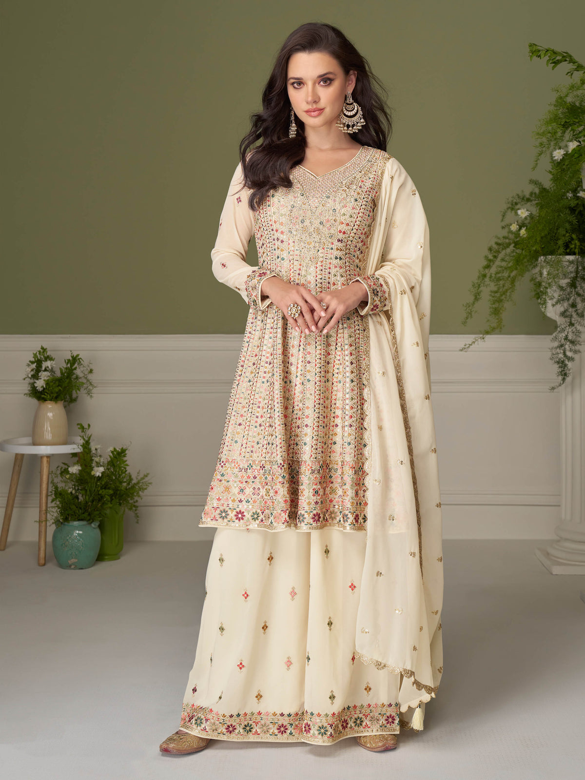 Off White Georgette Embroidered Sharara Suit (Free Size Stitched)