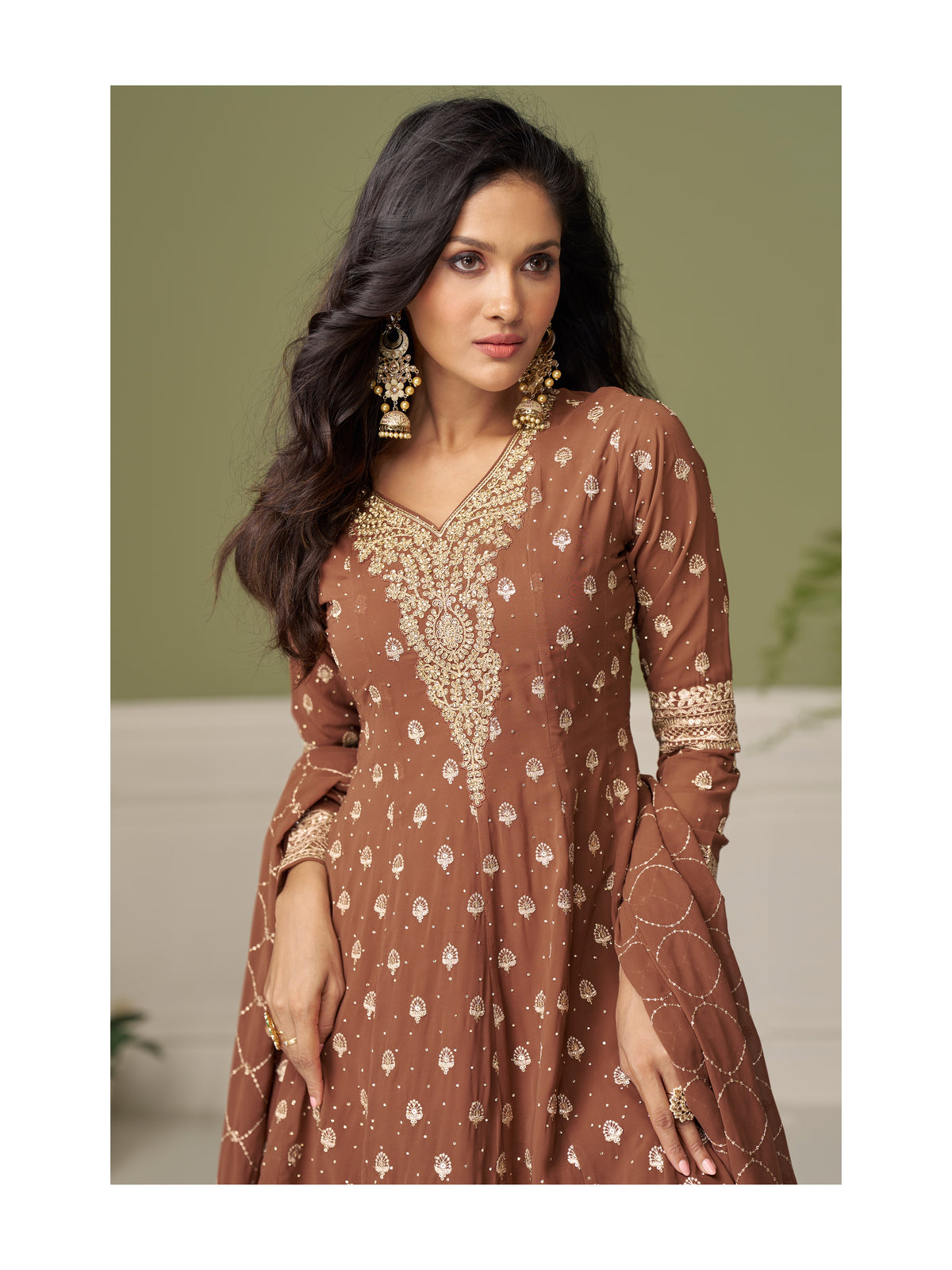 Brown Georgette Embroidered Sharara Suit (Free Size Stitched)