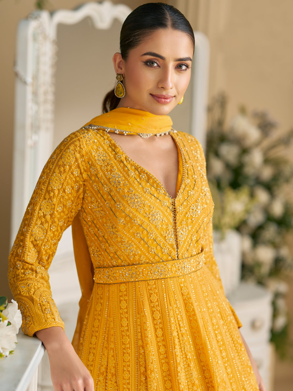 Yellow Georgette Embroidered Anarkali Suit (Free Size Stitched)