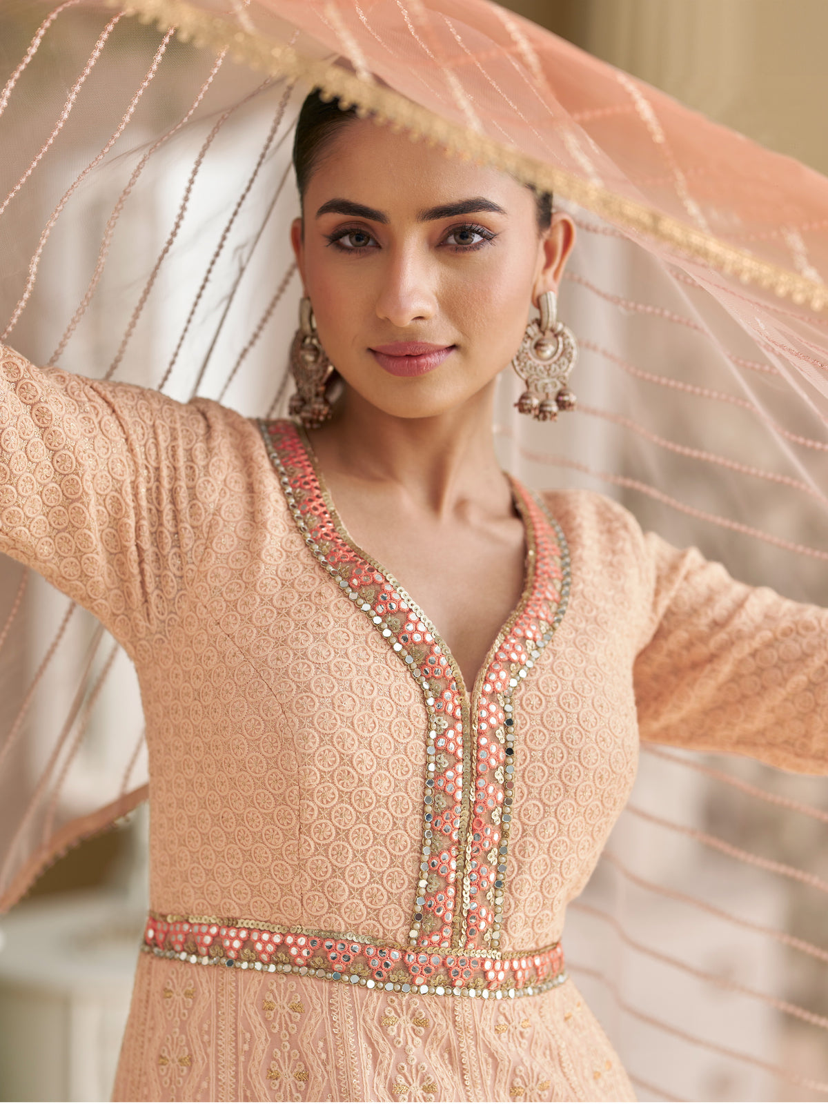 Peach Georgette Embroidered Anarkali Suit (Free Size Stitched)