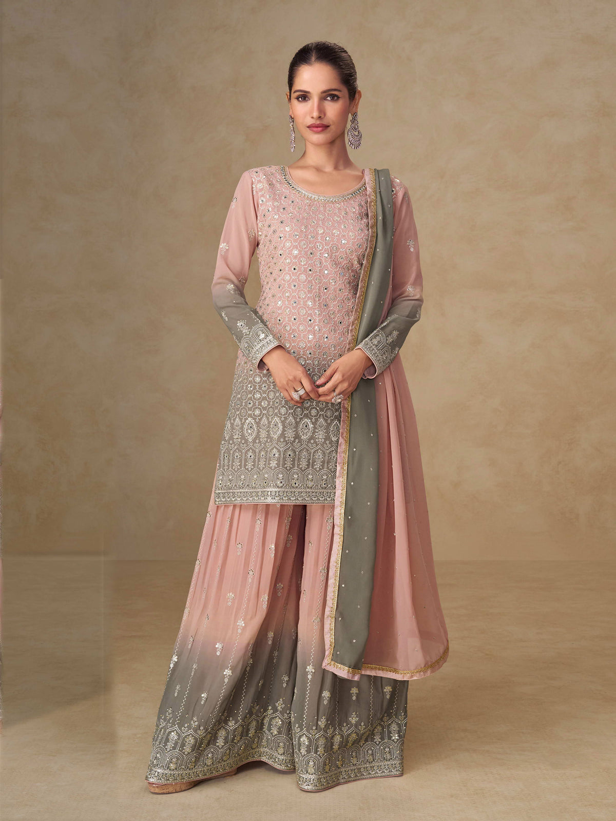 Pink Gray Georgette Embroidered Sharara Suit (Free Size Stitched)
