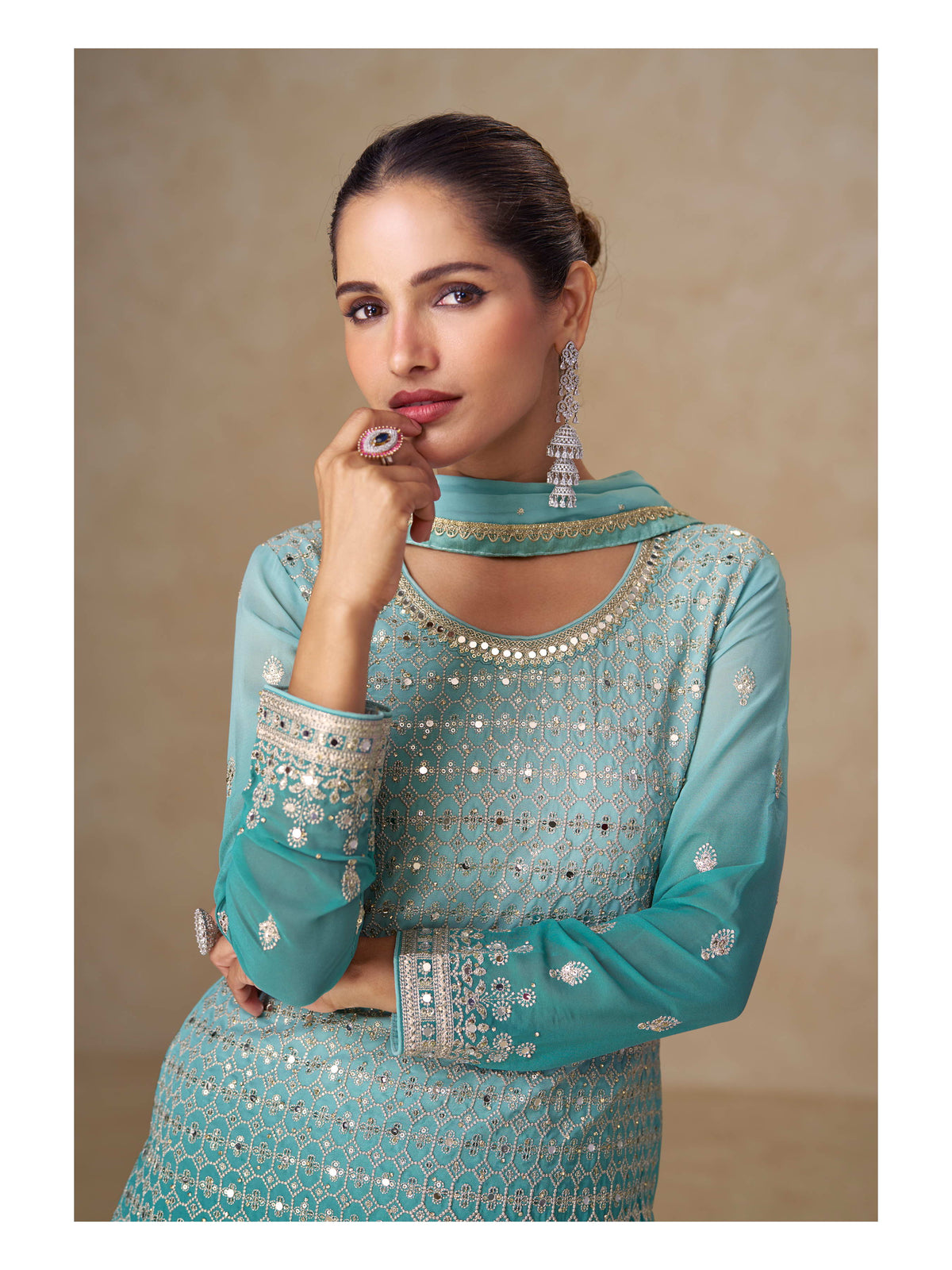 Blue Georgette Embroidered Sharara Suit (Free Size Stitched)