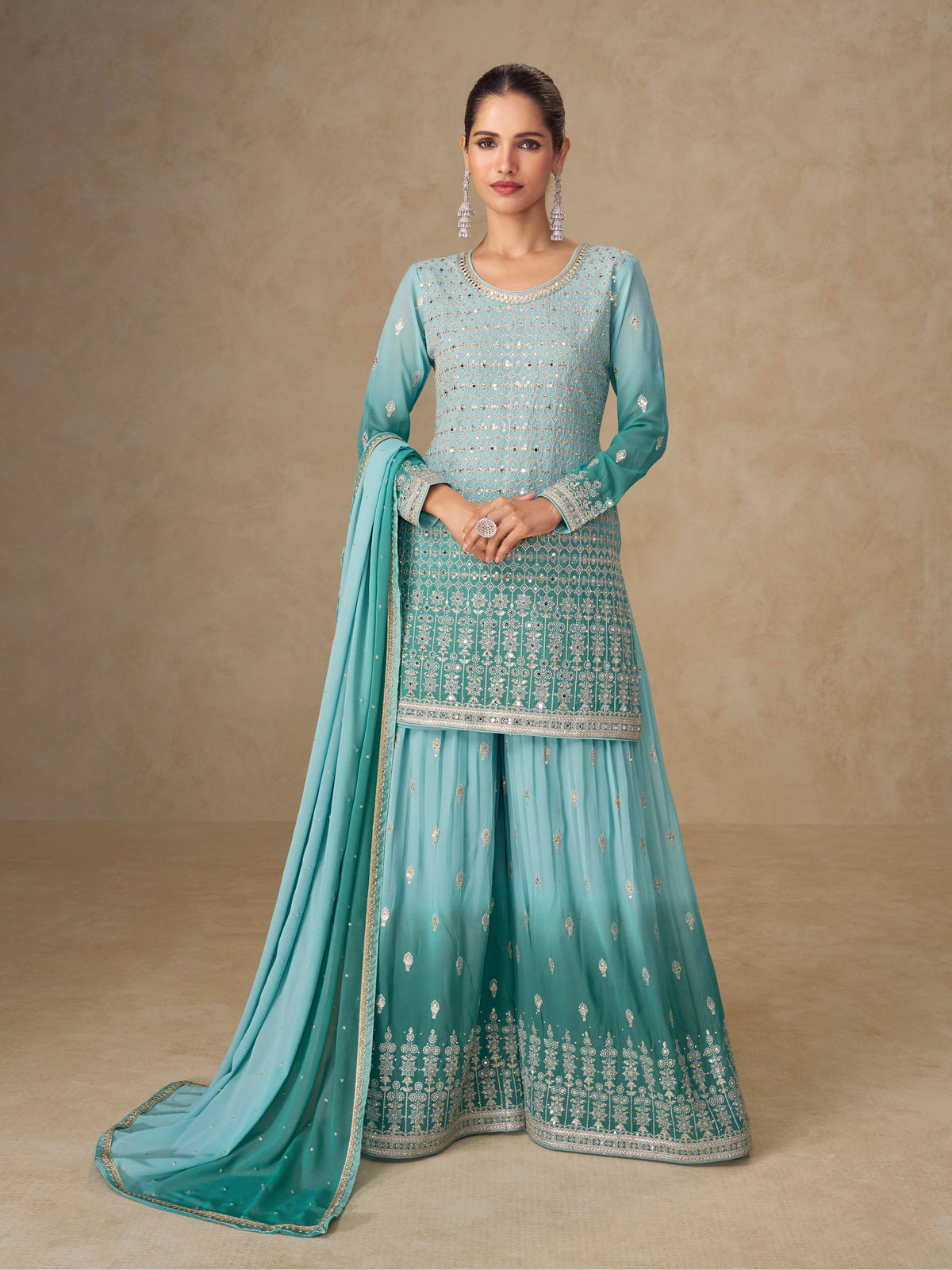 Blue Georgette Embroidered Sharara Suit (Free Size Stitched)