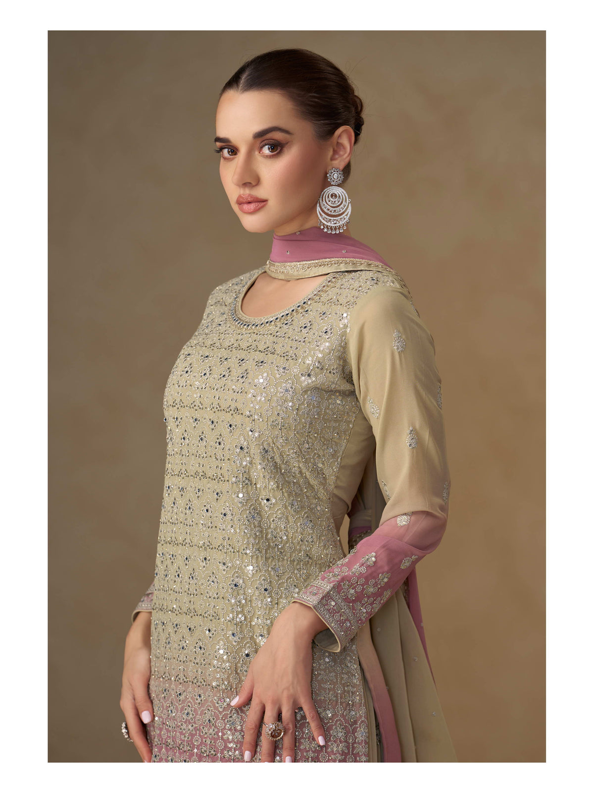 Beige Pink Georgette Embroidered Sharara Suit (Free Size Stitched)