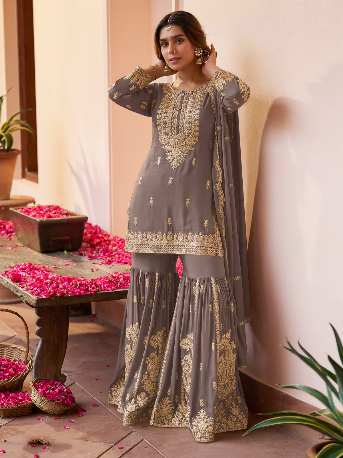 Gray Chinon Embroidered & Hand Work Gharara Suit (Free Size Stitched)