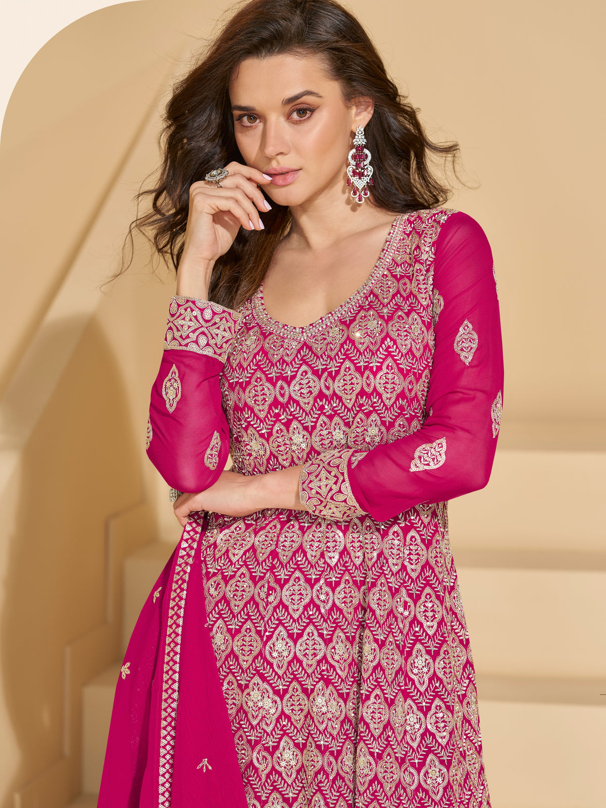 Pink Georgette Embroidered Designer Suit (Free Size Stitched)