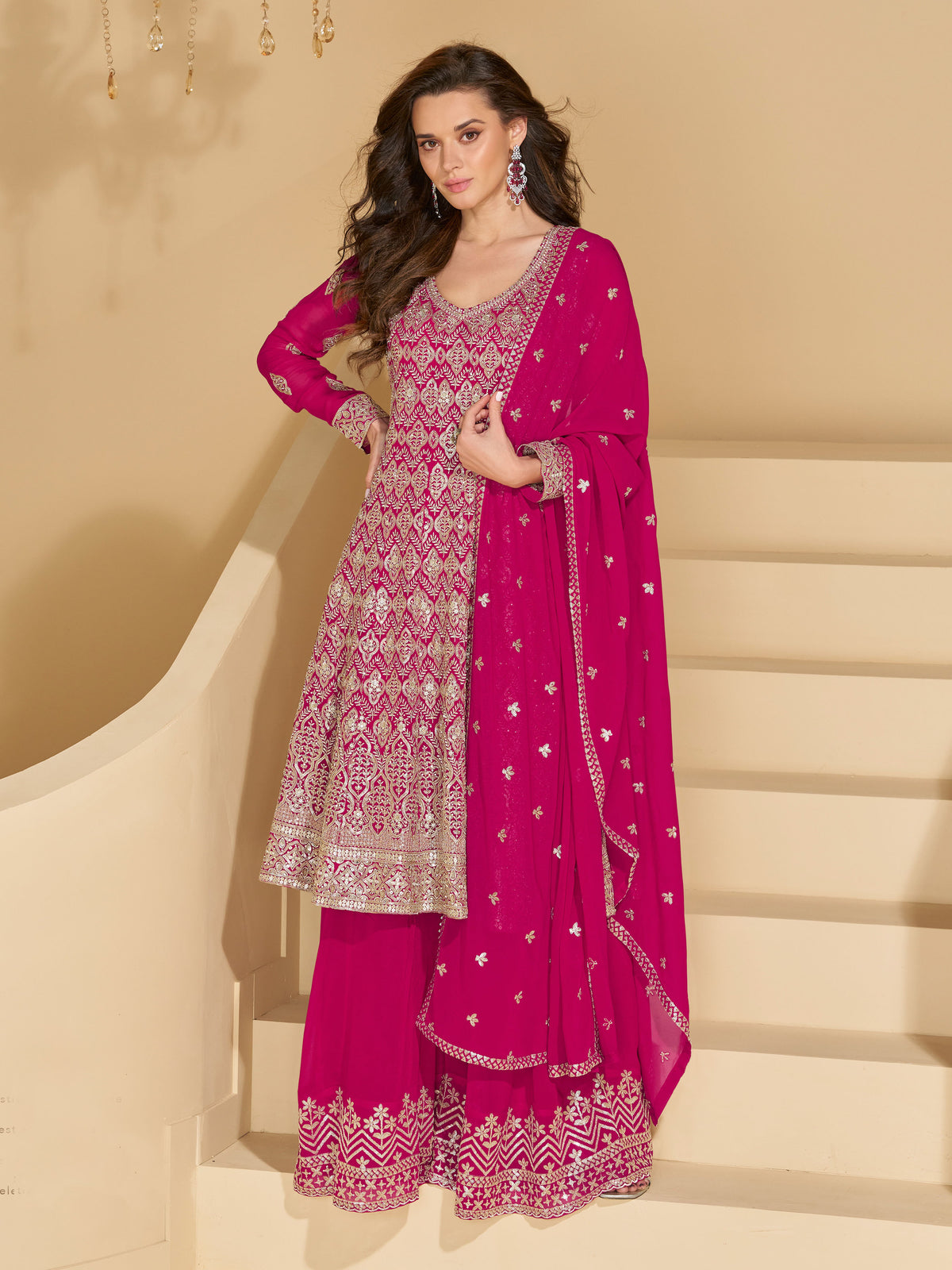 Pink Georgette Embroidered Designer Suit (Free Size Stitched)
