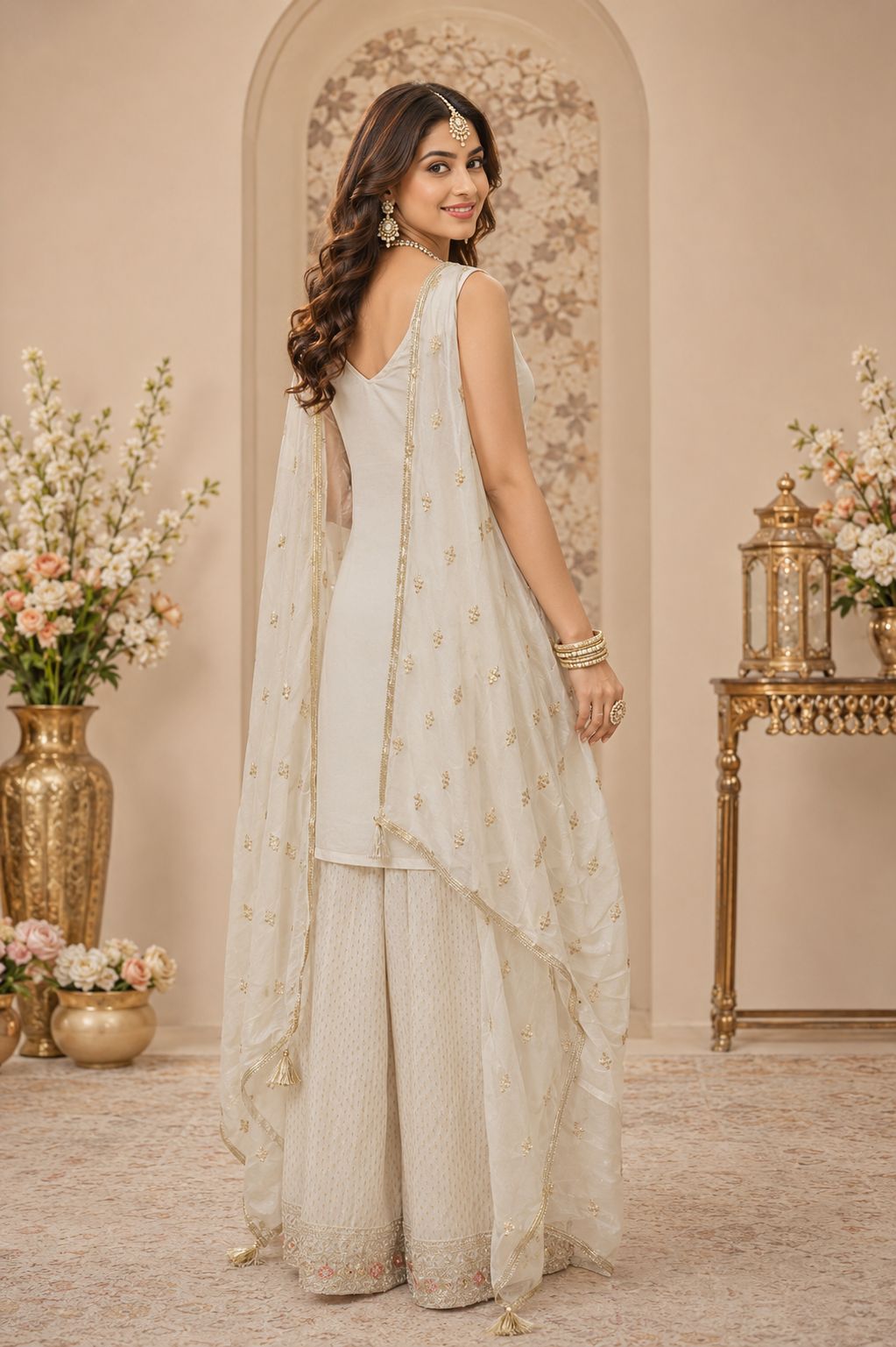 Off White Georgette Embroidered Swarovski Stones Work Sharara Suit (Free Size Stitched)