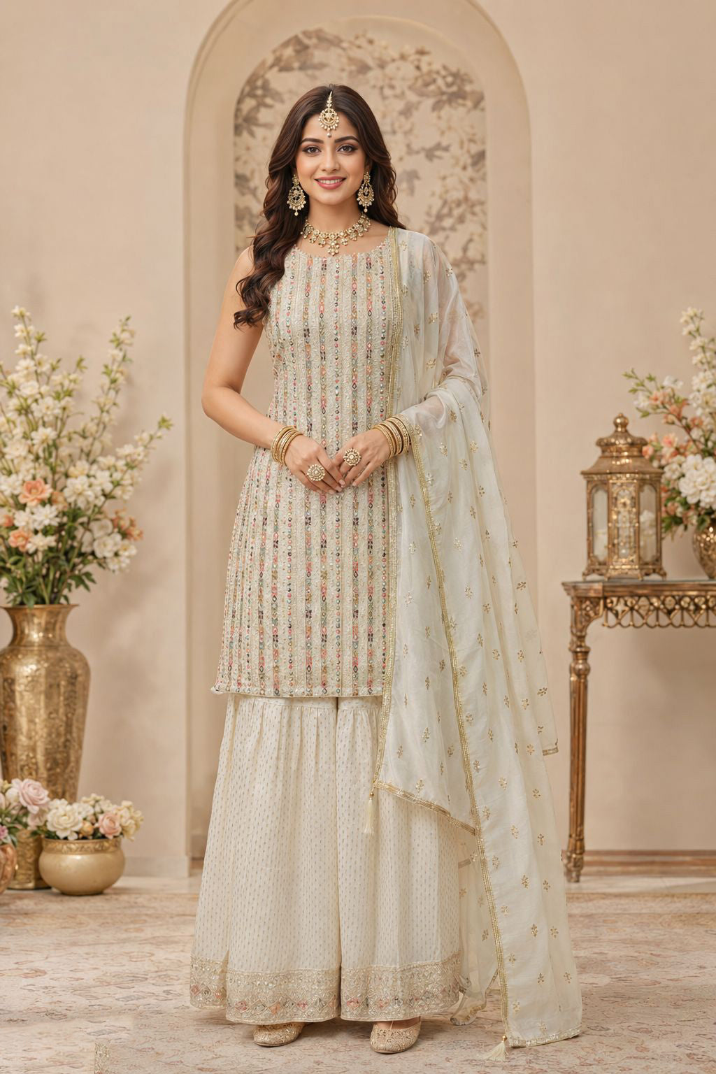 Off White Georgette Embroidered Swarovski Stones Work Sharara Suit (Free Size Stitched)