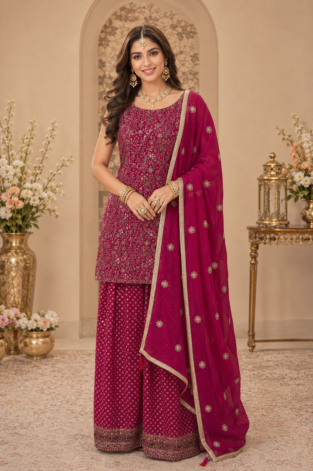 Magenta Georgette Embroidered Swarovski Stones Work Sharara Suit (Free Size Stitched)