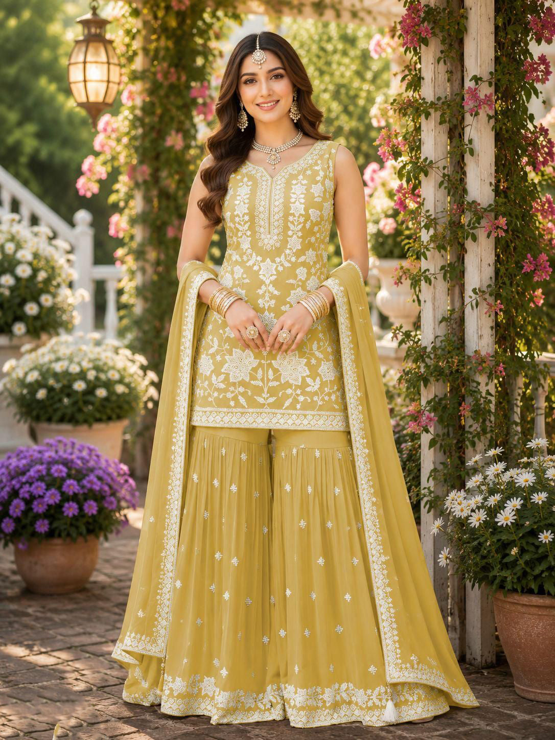 Ochre Yellow Embroidered & Khatli Work Gharara Suit (Free Size Stitched)