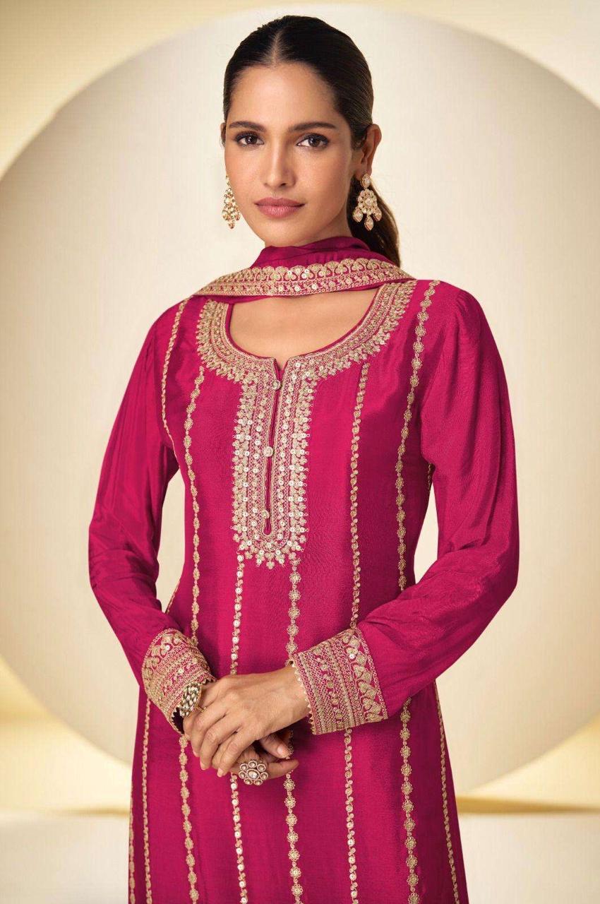 Pink Chinon Embroidered Sharara Suit (Free Size Stitched)