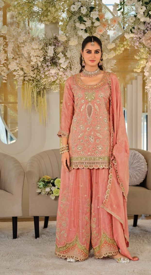 Peach Silk Embroidered Sharara Suit (Free Size Stitched)