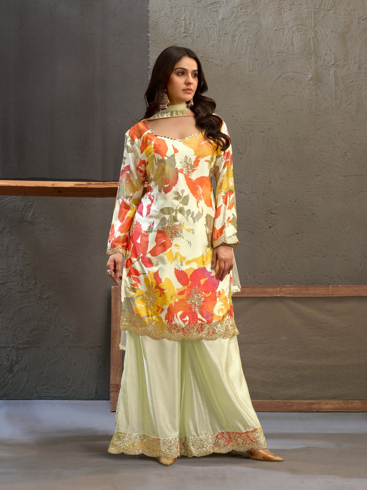 Cream Multicolour Chinon Printed Embroidered Palazzo Suit (Free Size Stitched)