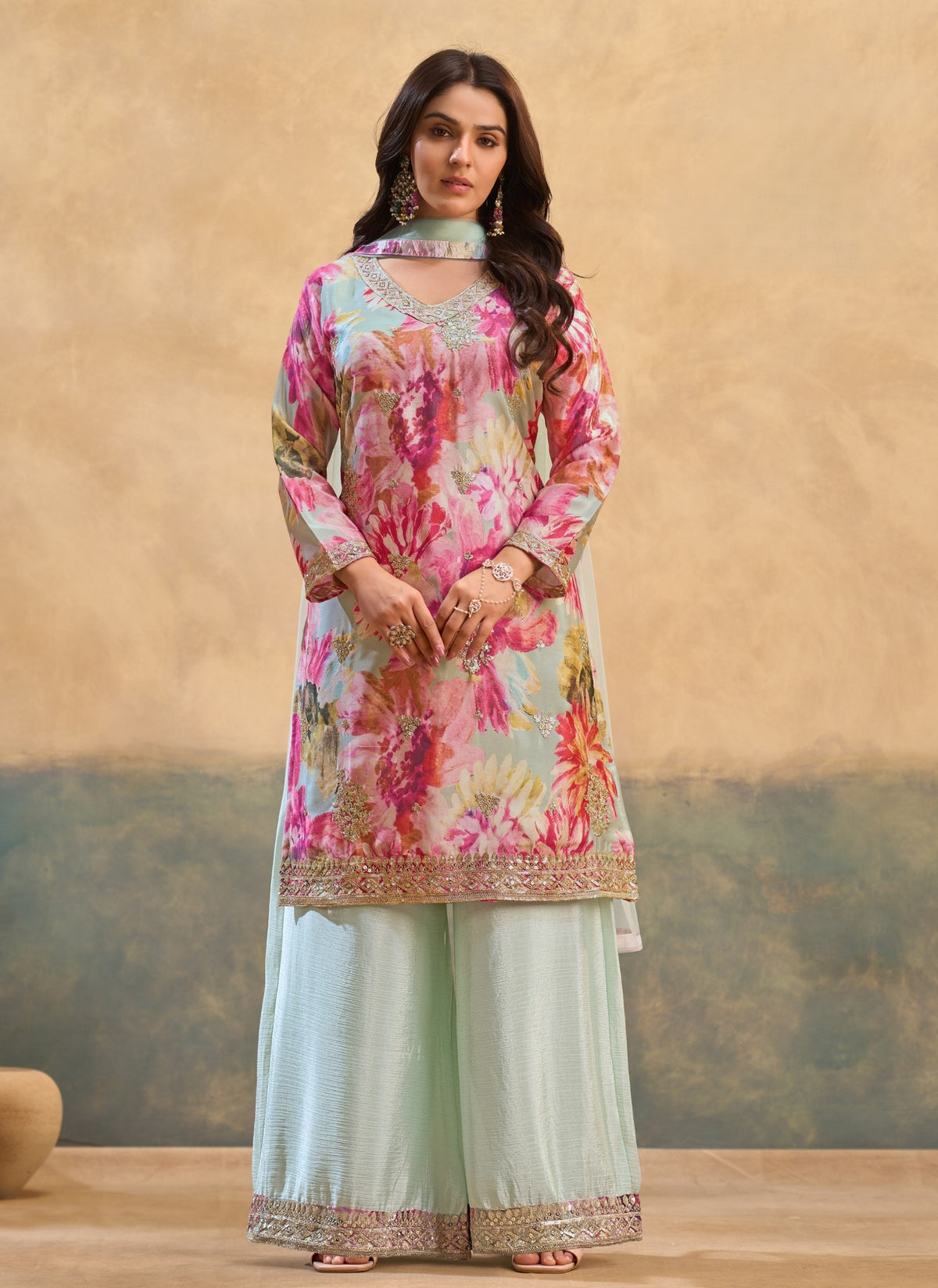 Gray Multicolour Chinon Printed Embroidered Palazzo Suit (Free Size Stitched)