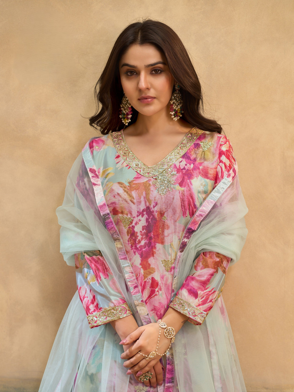 Gray Multicolour Chinon Printed Embroidered Palazzo Suit (Free Size Stitched)