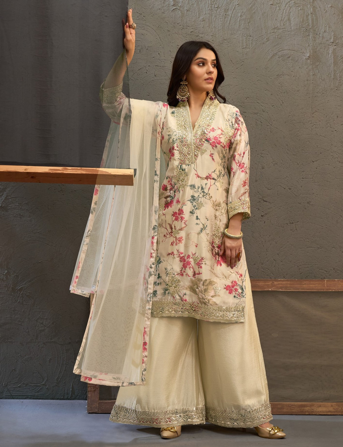 Off White Multicolour Chinon Printed Embroidered Palazzo Suit (Free Size Stitched)