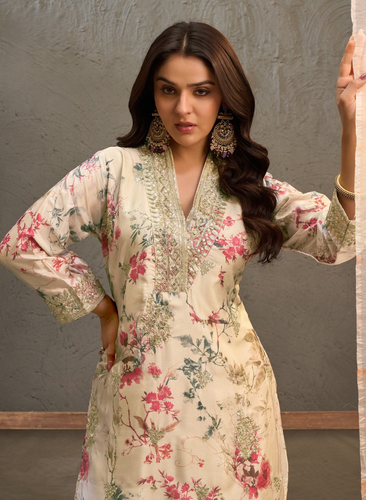 Off White Multicolour Chinon Printed Embroidered Palazzo Suit (Free Size Stitched)