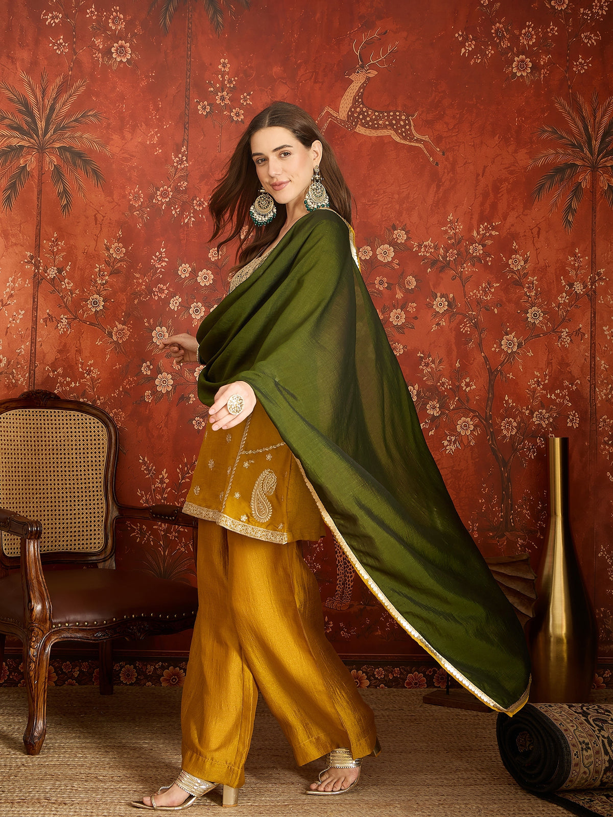 Mustard Yellow Embroidered Straight Suit (Readymade)