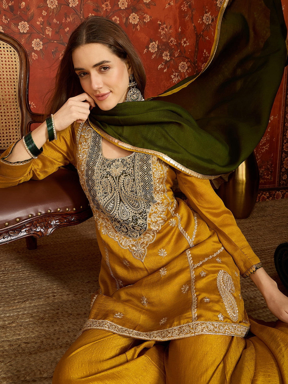 Mustard Yellow Embroidered Straight Suit (Readymade)