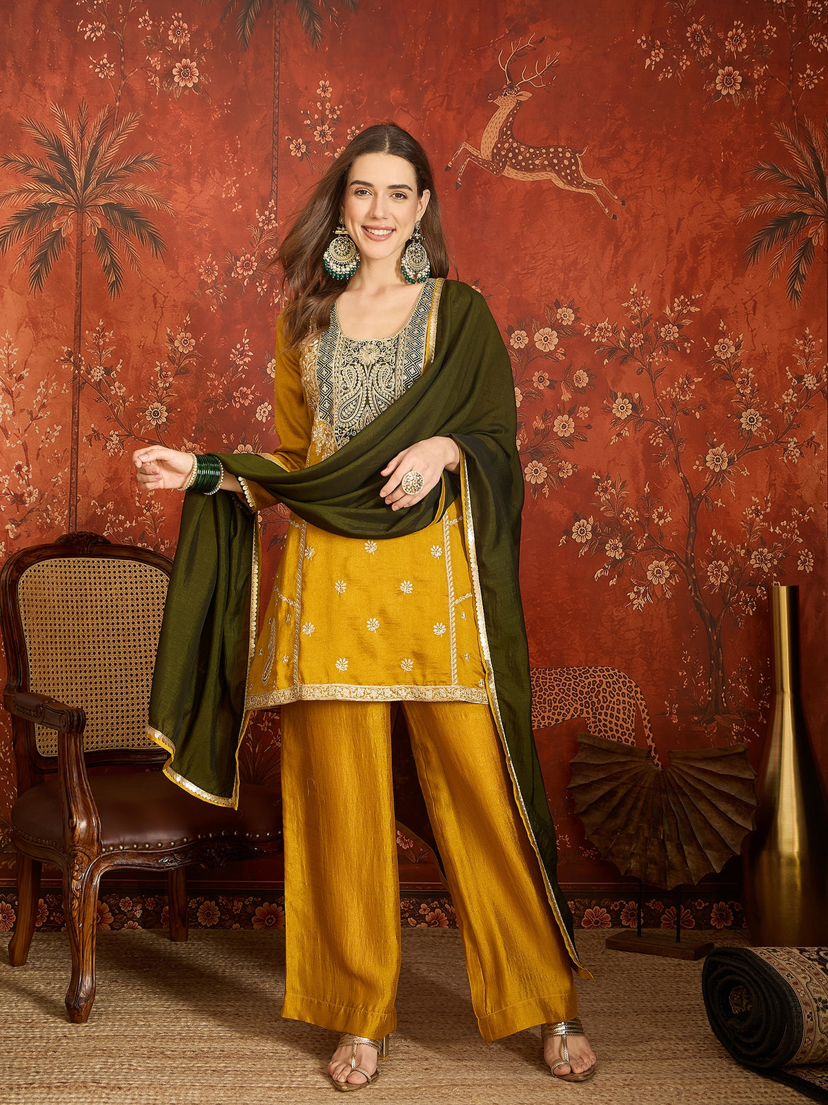 Mustard Yellow Embroidered Straight Suit (Readymade)