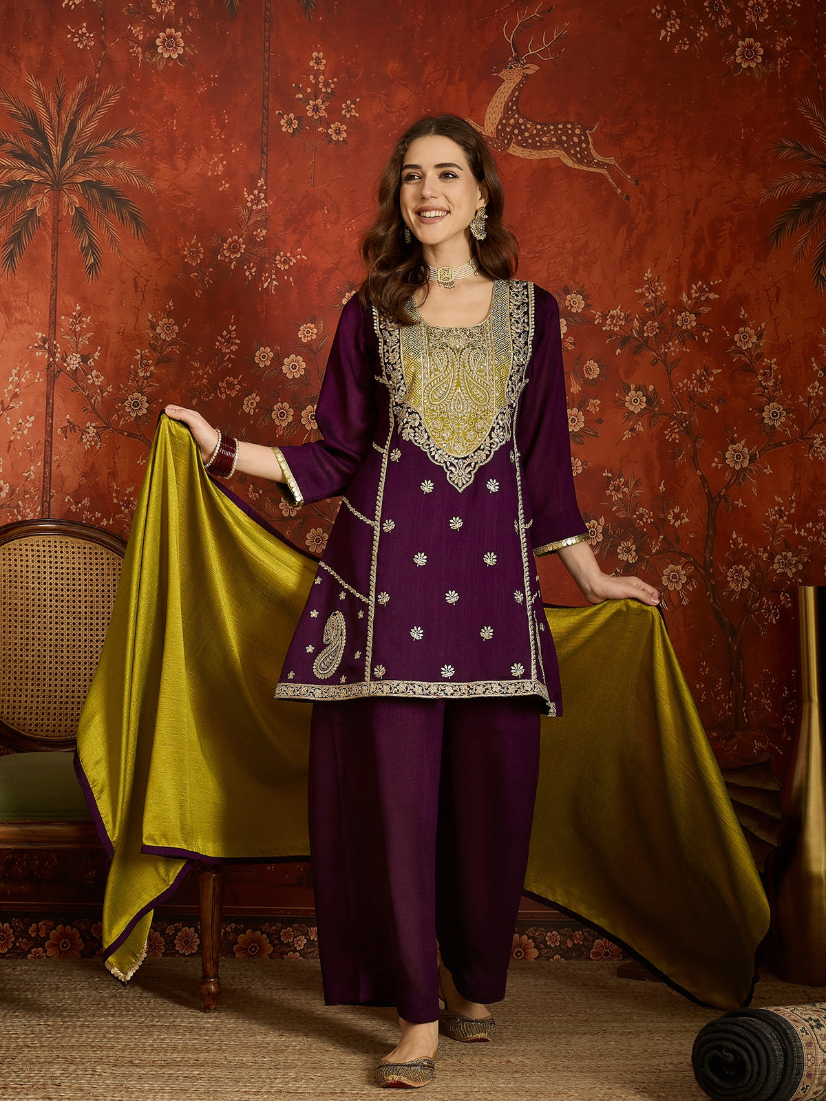 Purple Embroidered Straight Suit (Readymade)