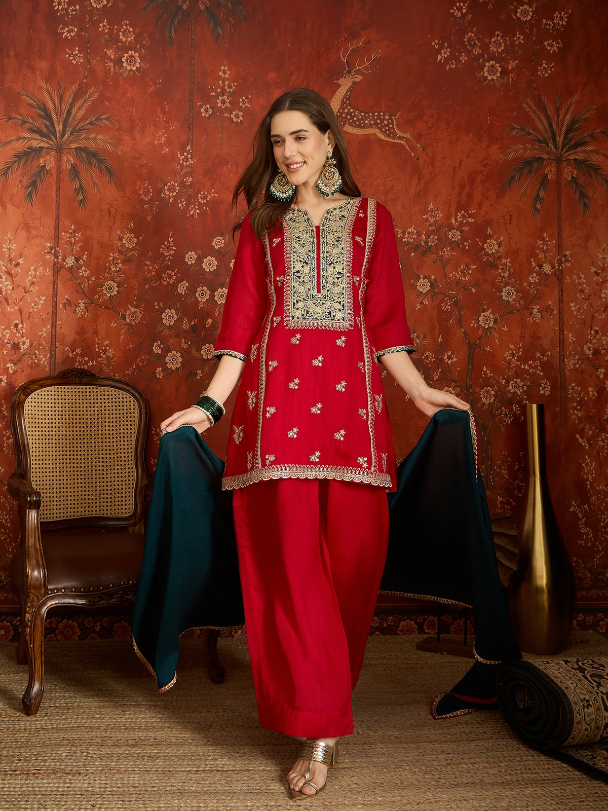 Red Embroidered Straight Suit (Readymade)
