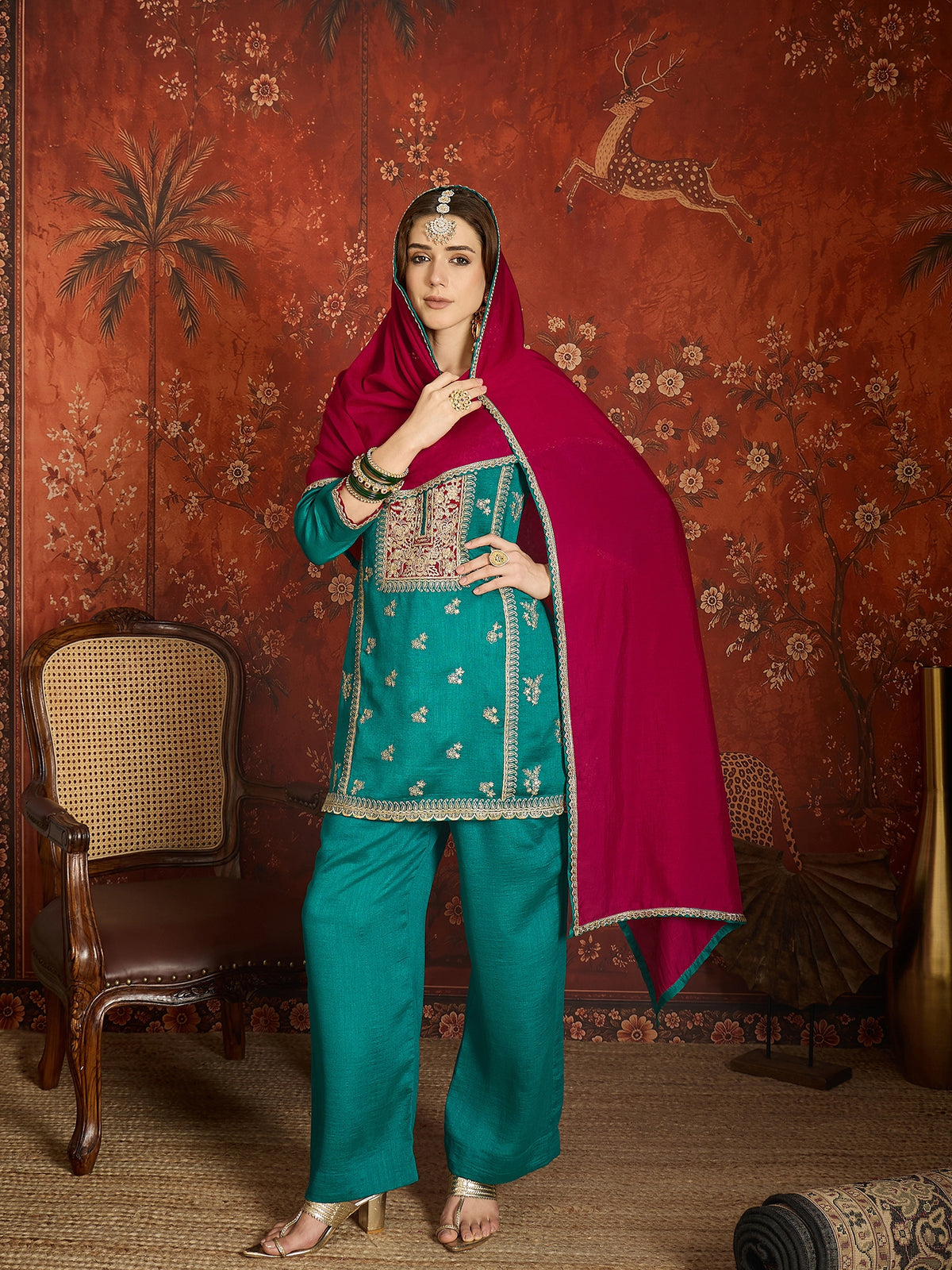 Teal Embroidered Straight Suit (Readymade)