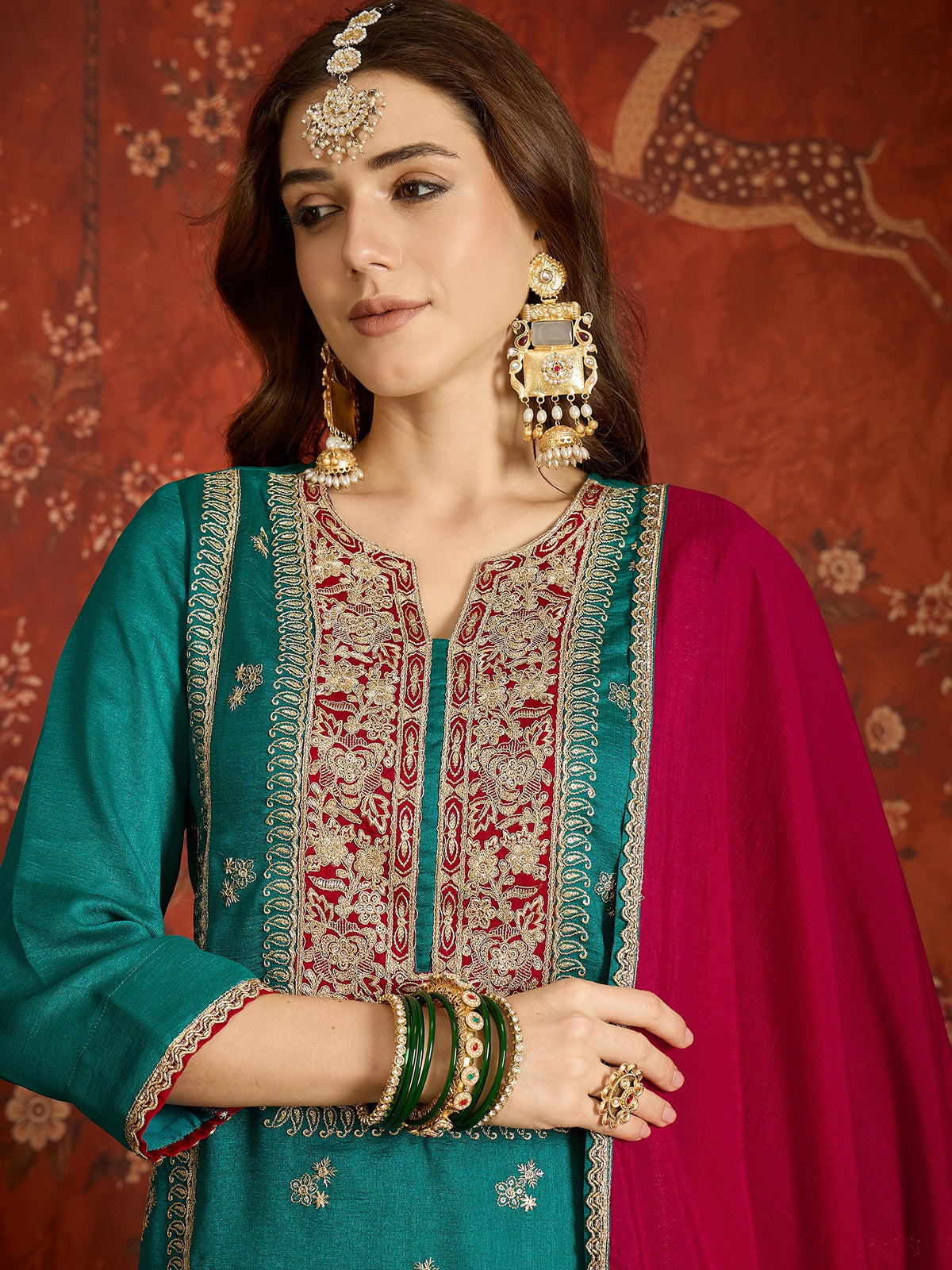 Teal Embroidered Straight Suit (Readymade)