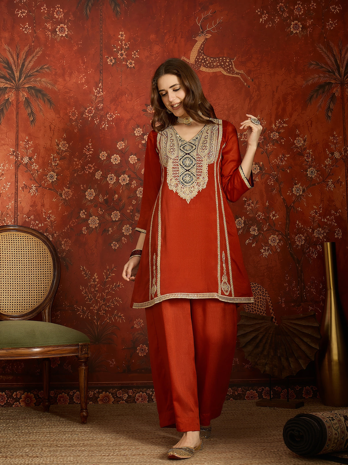 Rust Embroidered Straight Suit (Readymade)