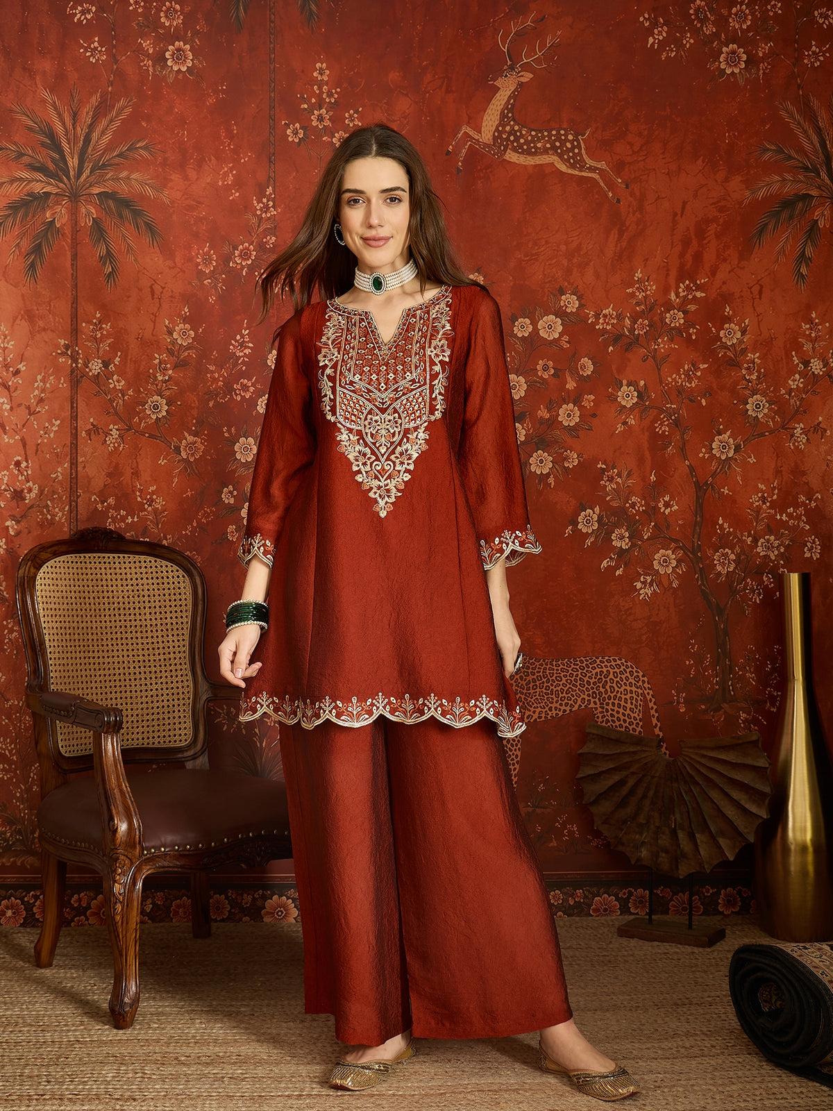 Rust Silk Embroidered Palazzo Suit (Readymade)