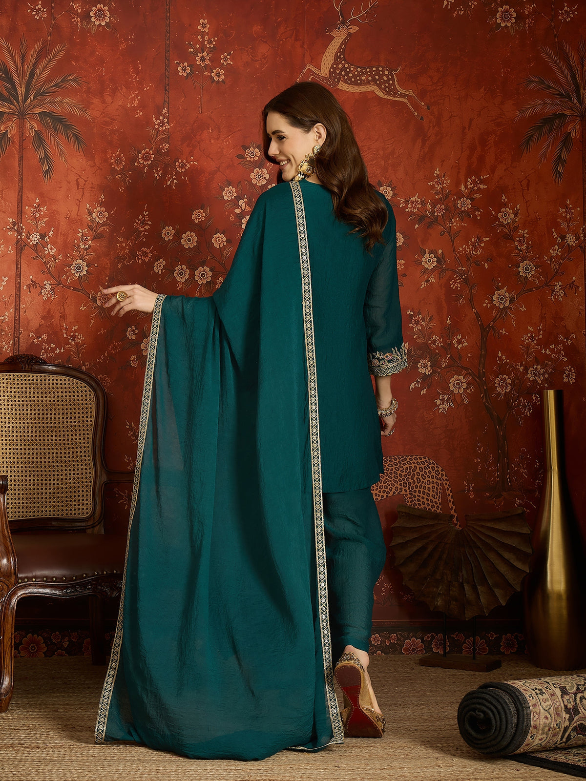 Teal Silk Embroidered Palazzo Suit (Readymade)