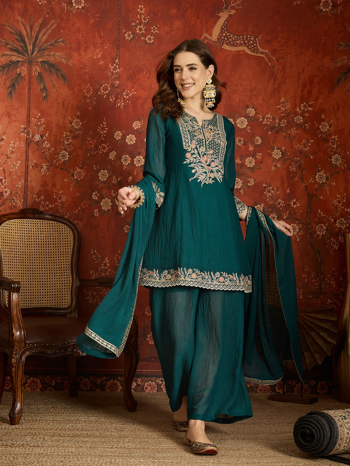 Teal Silk Embroidered Palazzo Suit (Readymade)