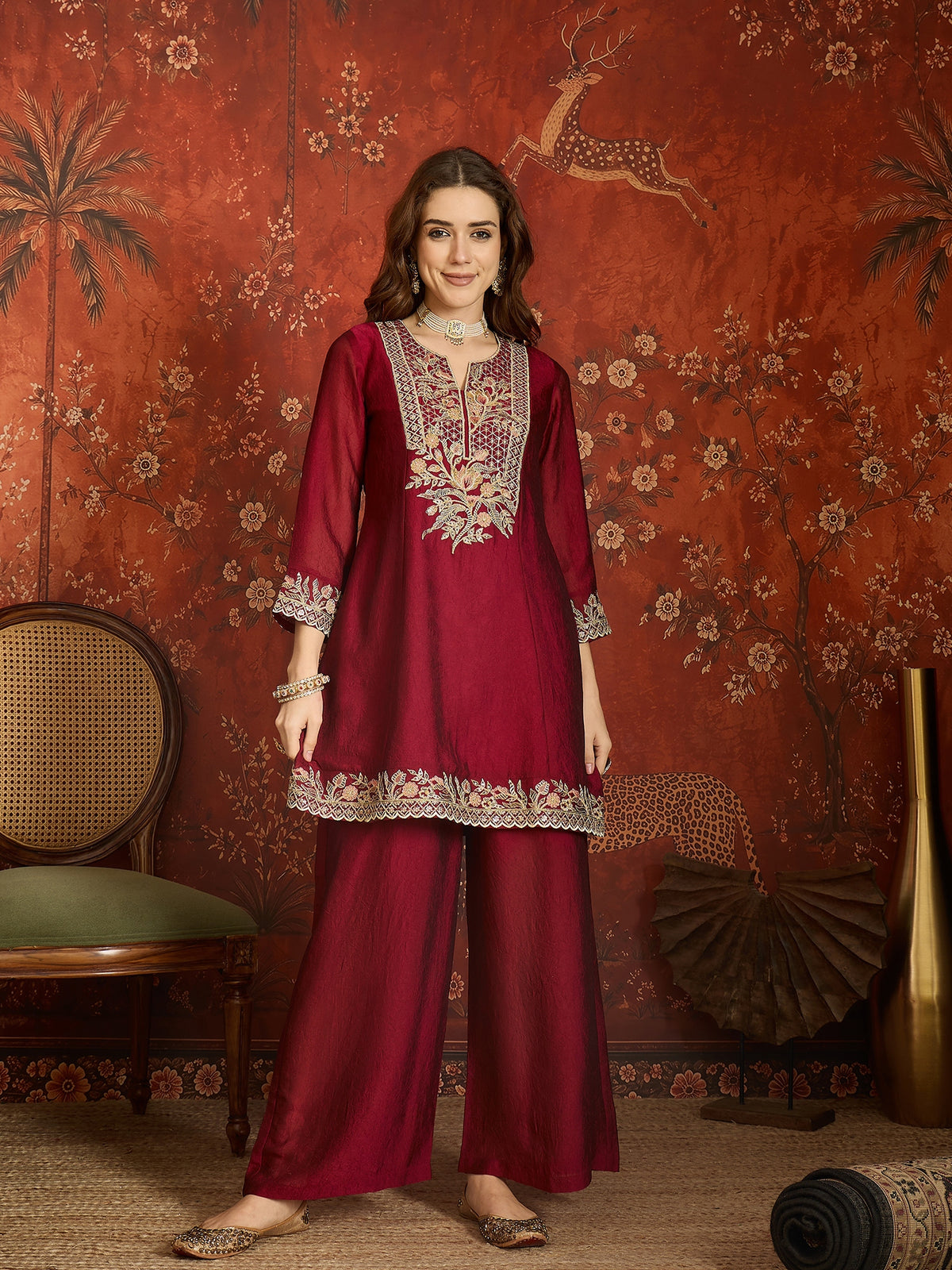 Maroon Silk Embroidered Palazzo Suit (Readymade)