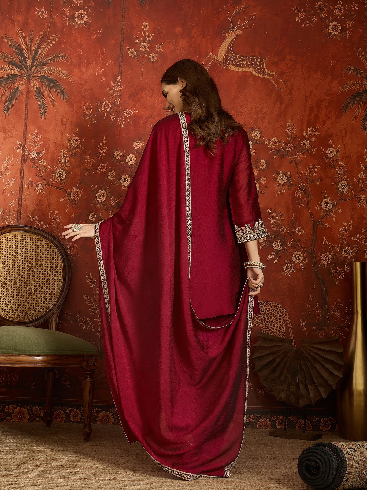 Maroon Silk Embroidered Palazzo Suit (Readymade)