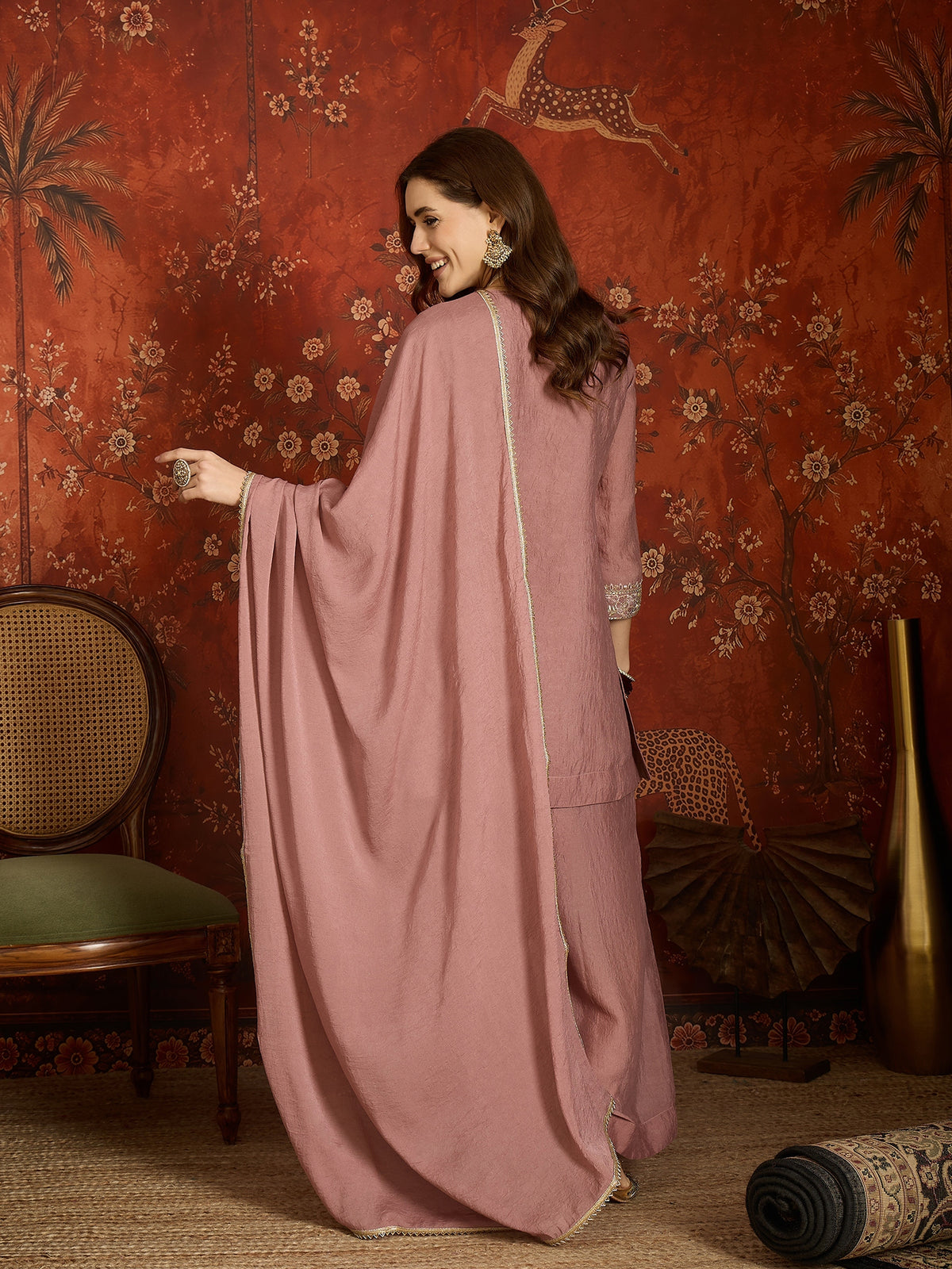 Mauve Silk Embroidered Palazzo Suit (Readymade)