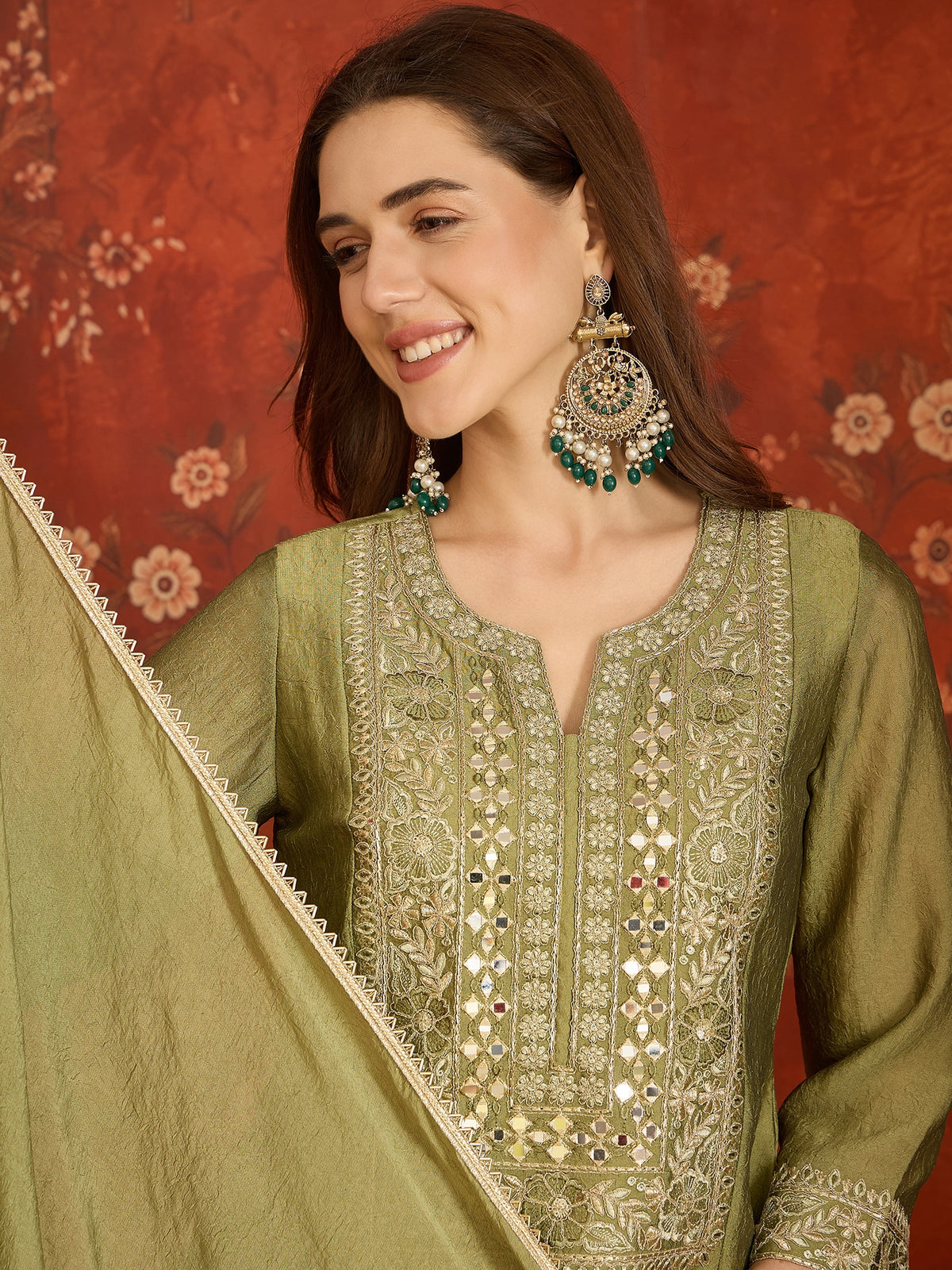 Olive Green Silk Embroidered Palazzo Suit (Readymade)