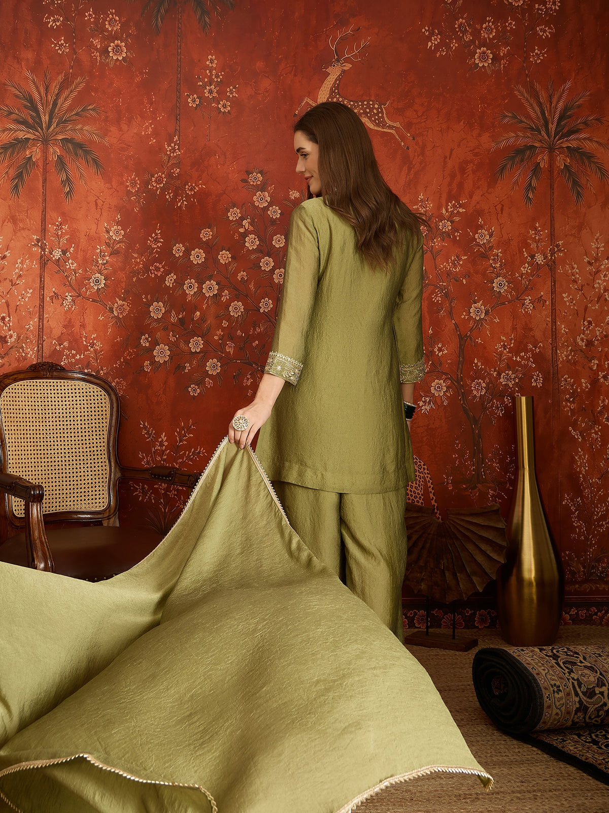Olive Green Silk Embroidered Palazzo Suit (Readymade)
