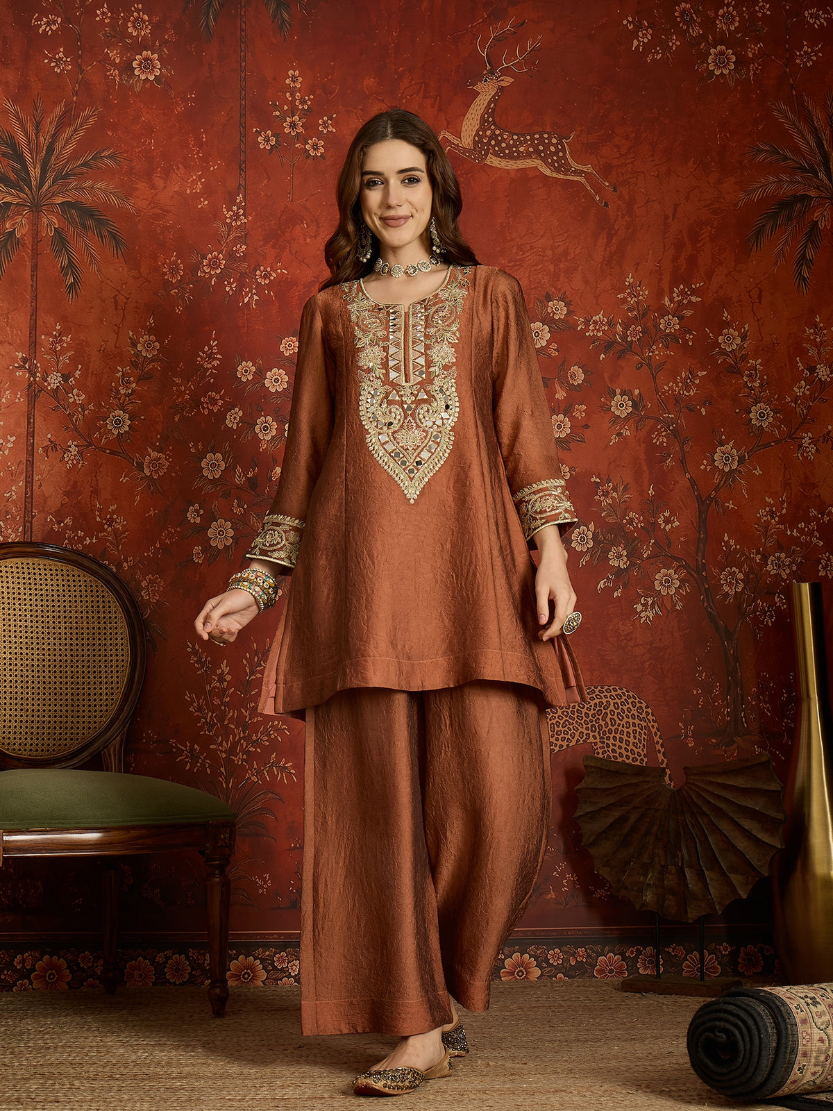 Brown Silk Embroidered Palazzo Suit (Readymade)