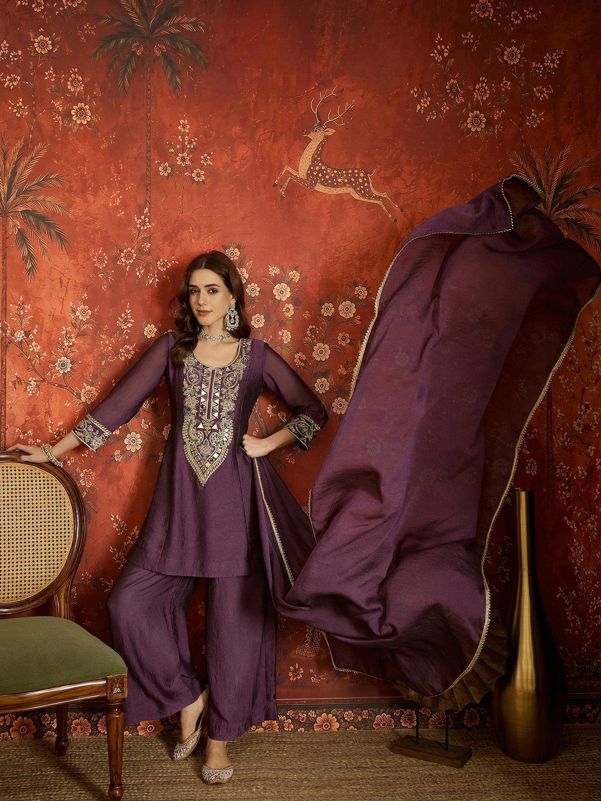 Purple Silk Embroidered Palazzo Suit (Readymade)