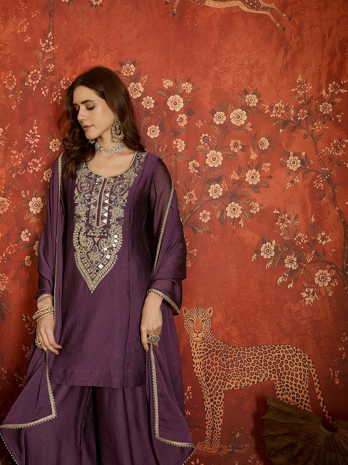 Purple Silk Embroidered Palazzo Suit (Readymade)