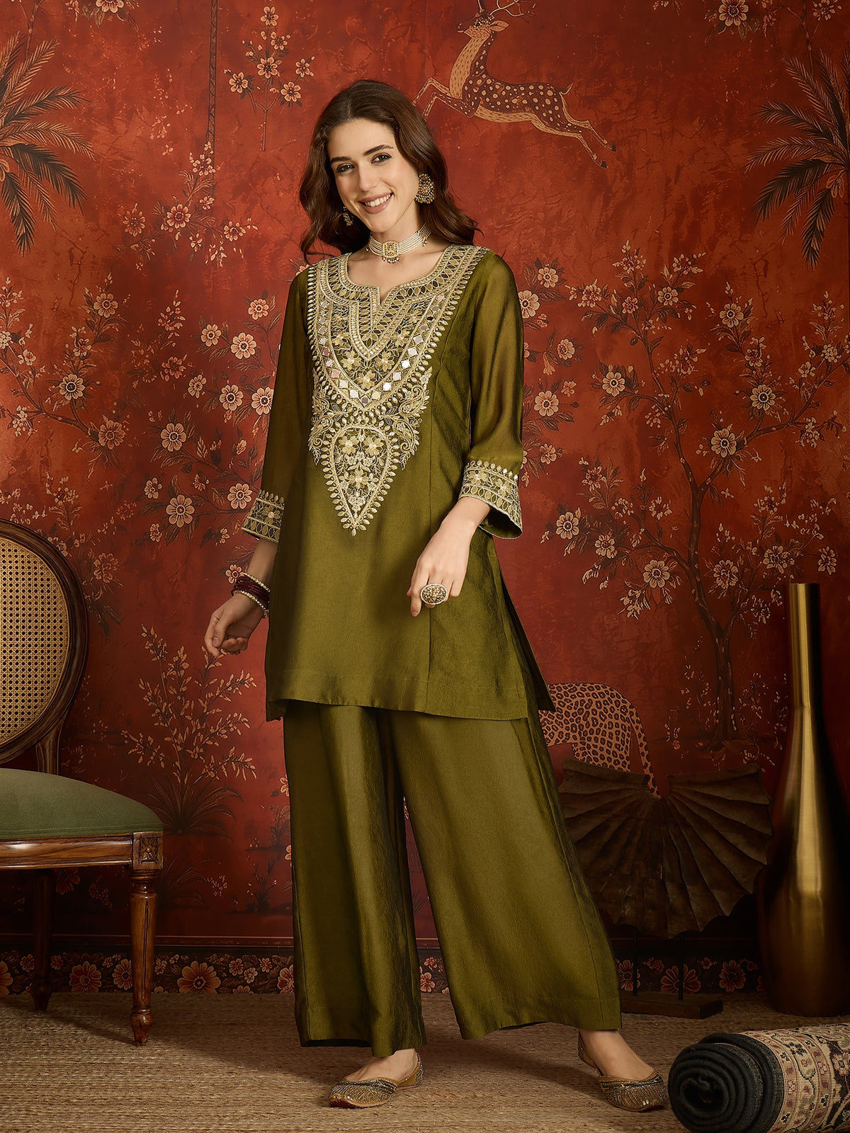 Dark Olive Green Silk Embroidered Palazzo Suit (Readymade)
