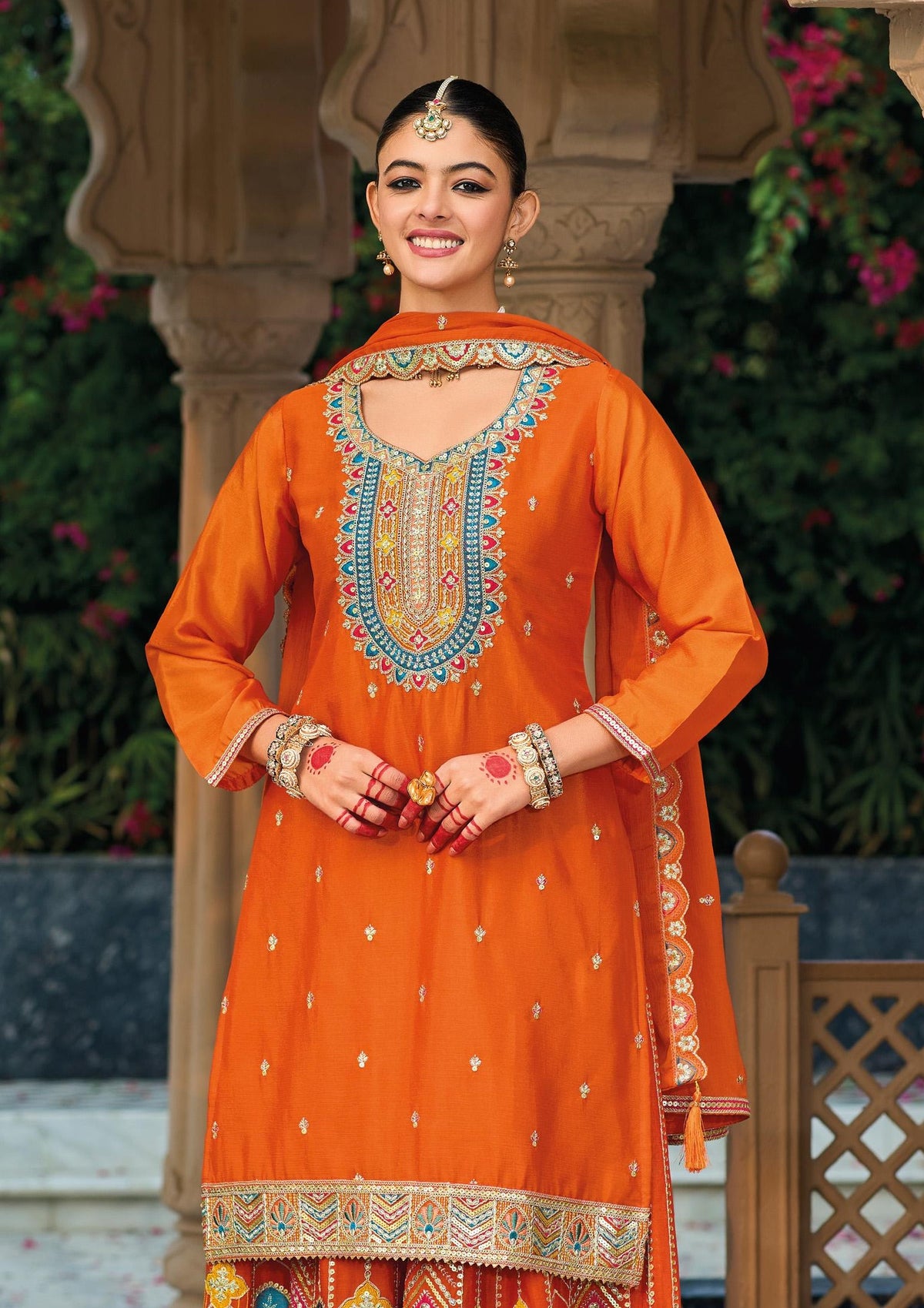Orange Chinon Embroidered Palazzo Suit (Free Size Stitched)