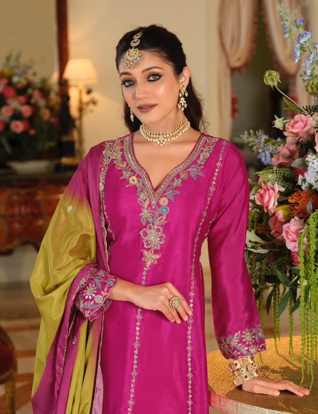 Dark Pink Chinon Embroidered Palazzo Suit (Free Size Stitched)